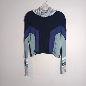 Free People crop thermal knit cuff mock neck top Ribbed Blue Combo XS Oversize